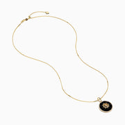The Novelty 14K Yellow Gold Onyx and Diamond Compass Disc Pendant features a round onyx-black center, star-shaped design with a central diamond, and a border of small white stones on a gold chain. Plain white background.