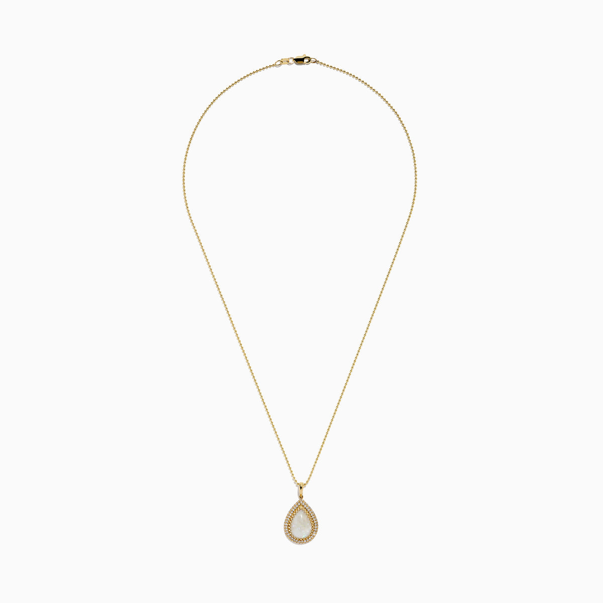The 14K Yellow Gold Opal and Diamond Pear Shaped Pendant features a teardrop opal surrounded by two rows of sparkling diamonds on a yellow gold chain, shown against a white background.