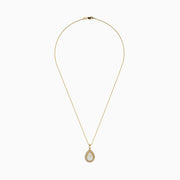 The 14K Yellow Gold Opal and Diamond Pear Shaped Pendant features a teardrop opal surrounded by two rows of sparkling diamonds on a yellow gold chain, shown against a white background.