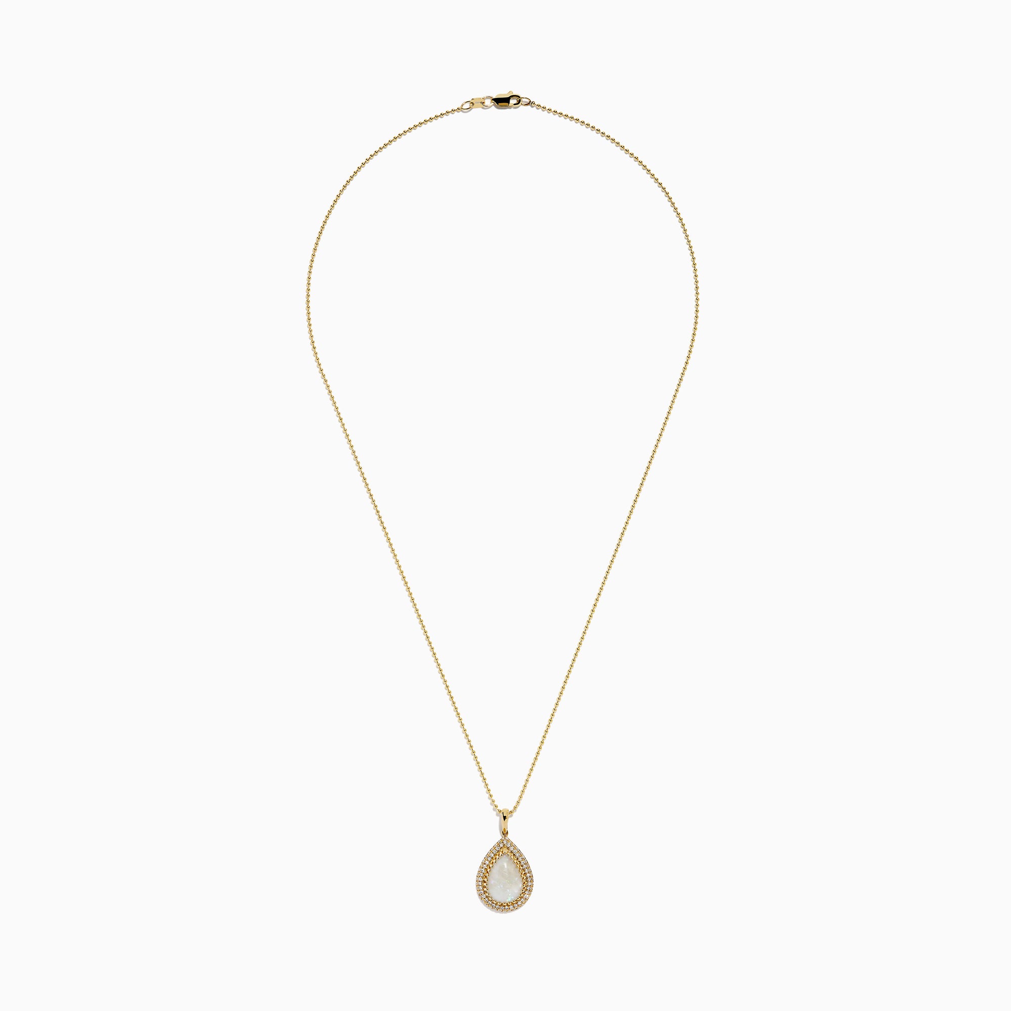 The 14K Yellow Gold Opal and Diamond Pear Shaped Pendant features a teardrop opal surrounded by two rows of sparkling diamonds on a yellow gold chain, shown against a white background.