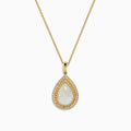 The 14K Yellow Gold Opal and Diamond Pear Shaped Pendant features a teardrop opal surrounded by two rows of sparkling diamonds on a yellow gold chain, shown against a white background.