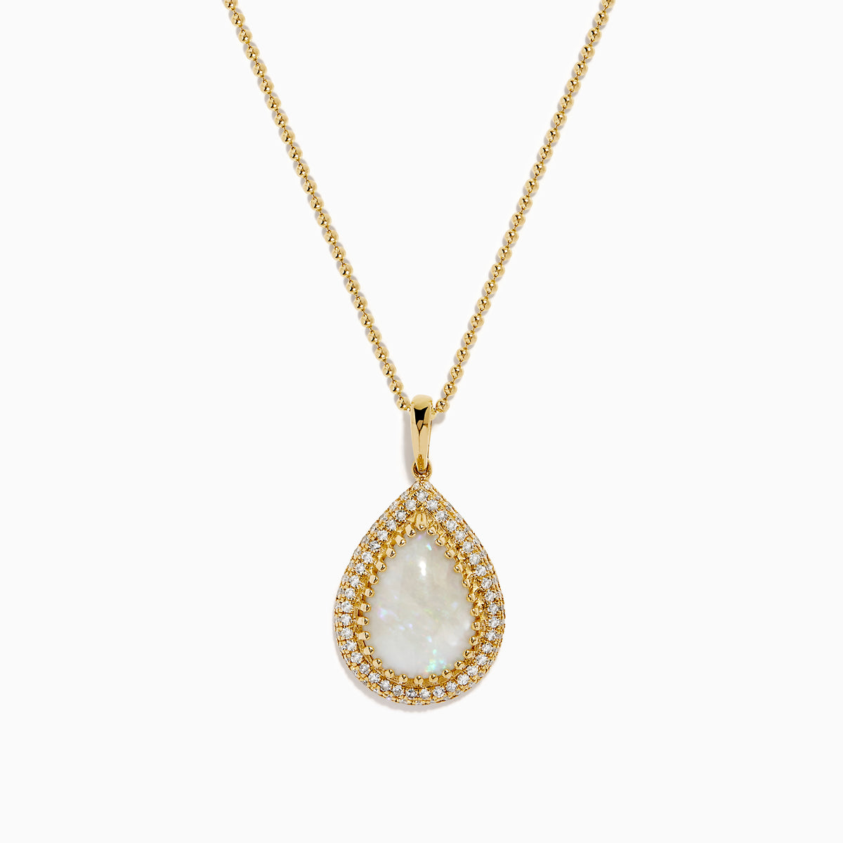 The 14K Yellow Gold Opal and Diamond Pear Shaped Pendant features a teardrop opal surrounded by two rows of sparkling diamonds on a yellow gold chain, shown against a white background.