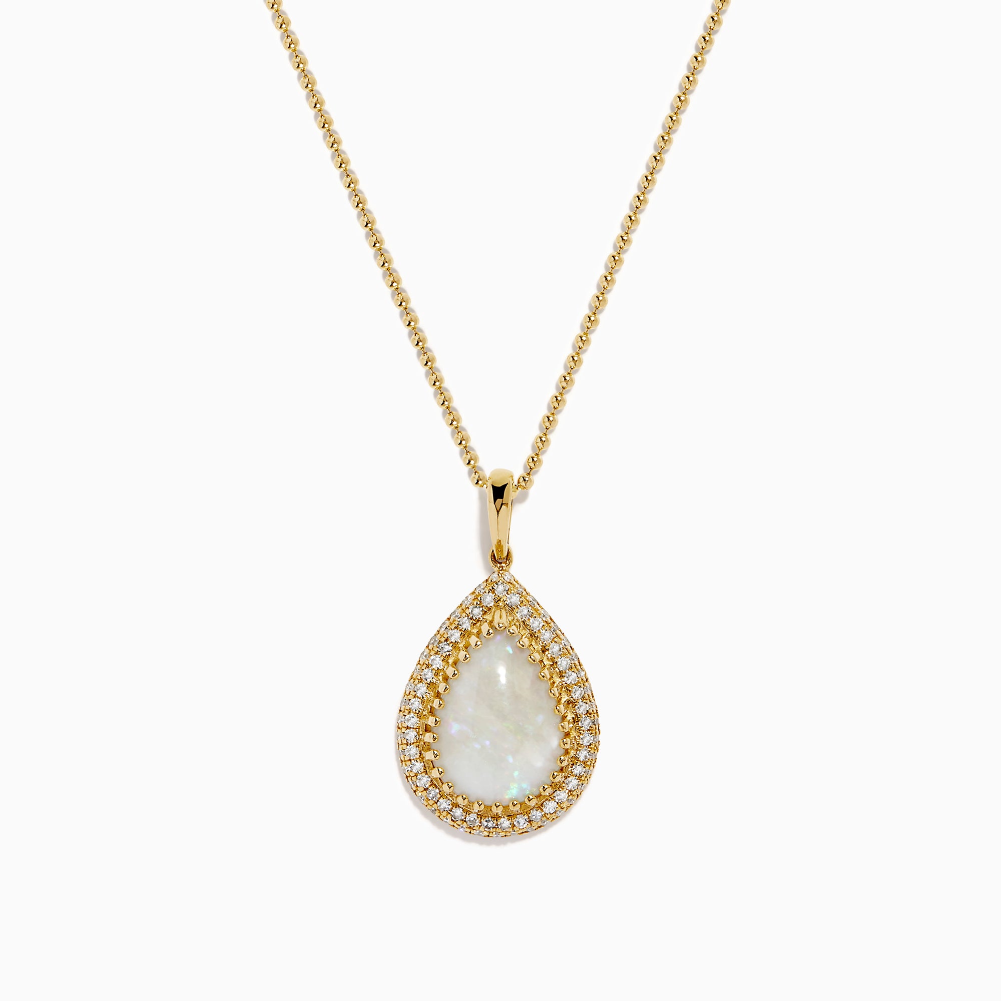 The 14K Yellow Gold Opal and Diamond Pear Shaped Pendant features a teardrop opal surrounded by two rows of sparkling diamonds on a yellow gold chain, shown against a white background.