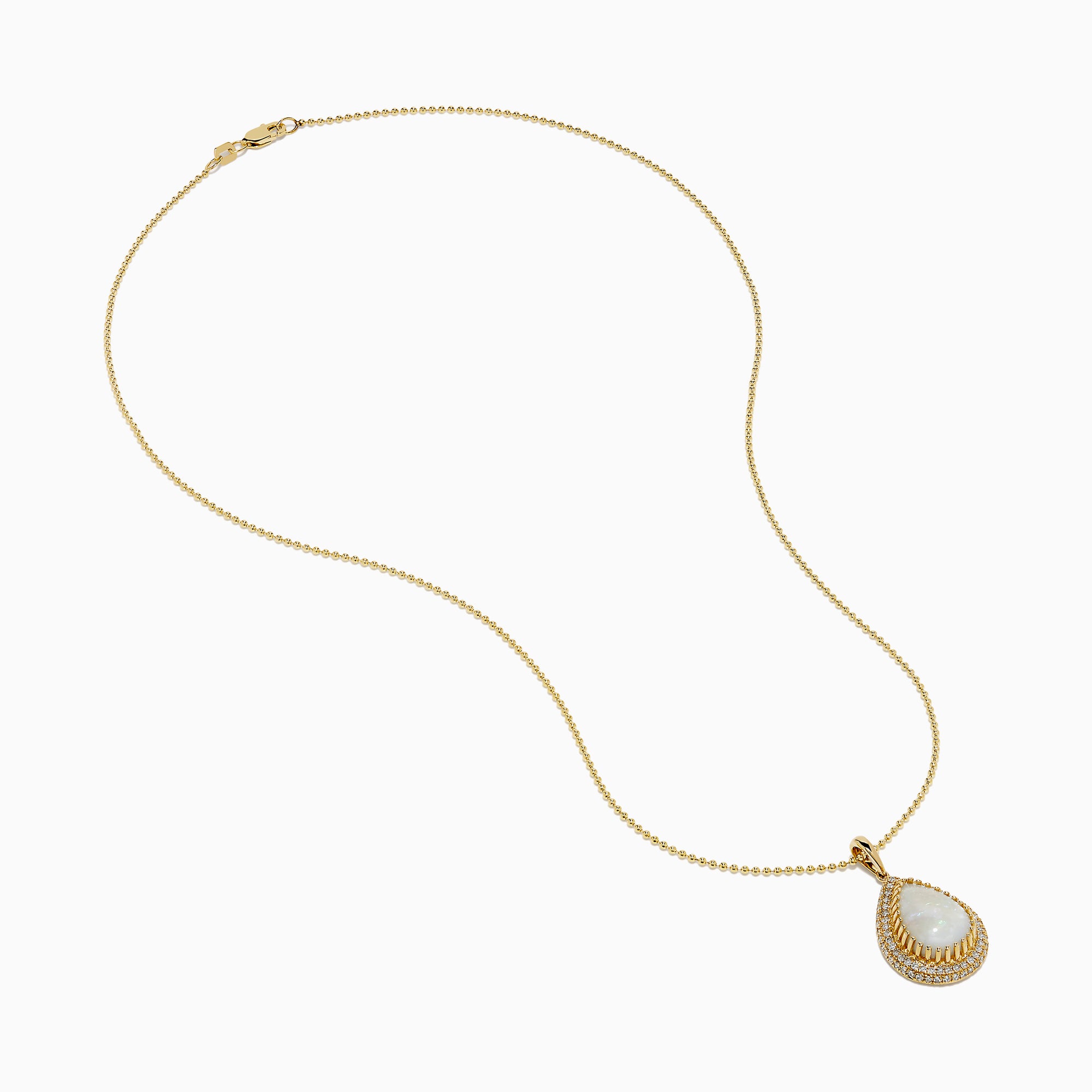 The 14K Yellow Gold Opal and Diamond Pear Shaped Pendant features a teardrop opal surrounded by two rows of sparkling diamonds on a yellow gold chain, shown against a white background.