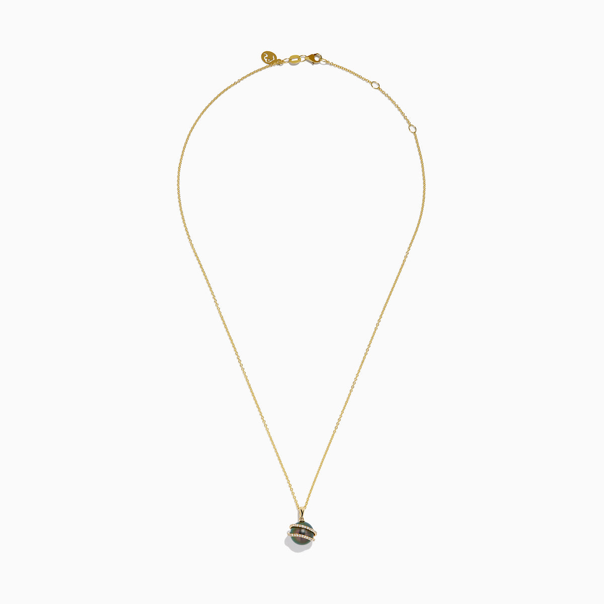 The 14K Yellow Gold Black Tahitian Pearl and Diamond Pendant features a spherical black pearl encircled by two diagonal gold bands set with small diamonds, shown against a white background.