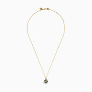 The 14K Yellow Gold Black Tahitian Pearl and Diamond Pendant features a spherical black pearl encircled by two diagonal gold bands set with small diamonds, shown against a white background.