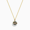 The 14K Yellow Gold Black Tahitian Pearl and Diamond Pendant features a spherical black pearl encircled by two diagonal gold bands set with small diamonds, shown against a white background.