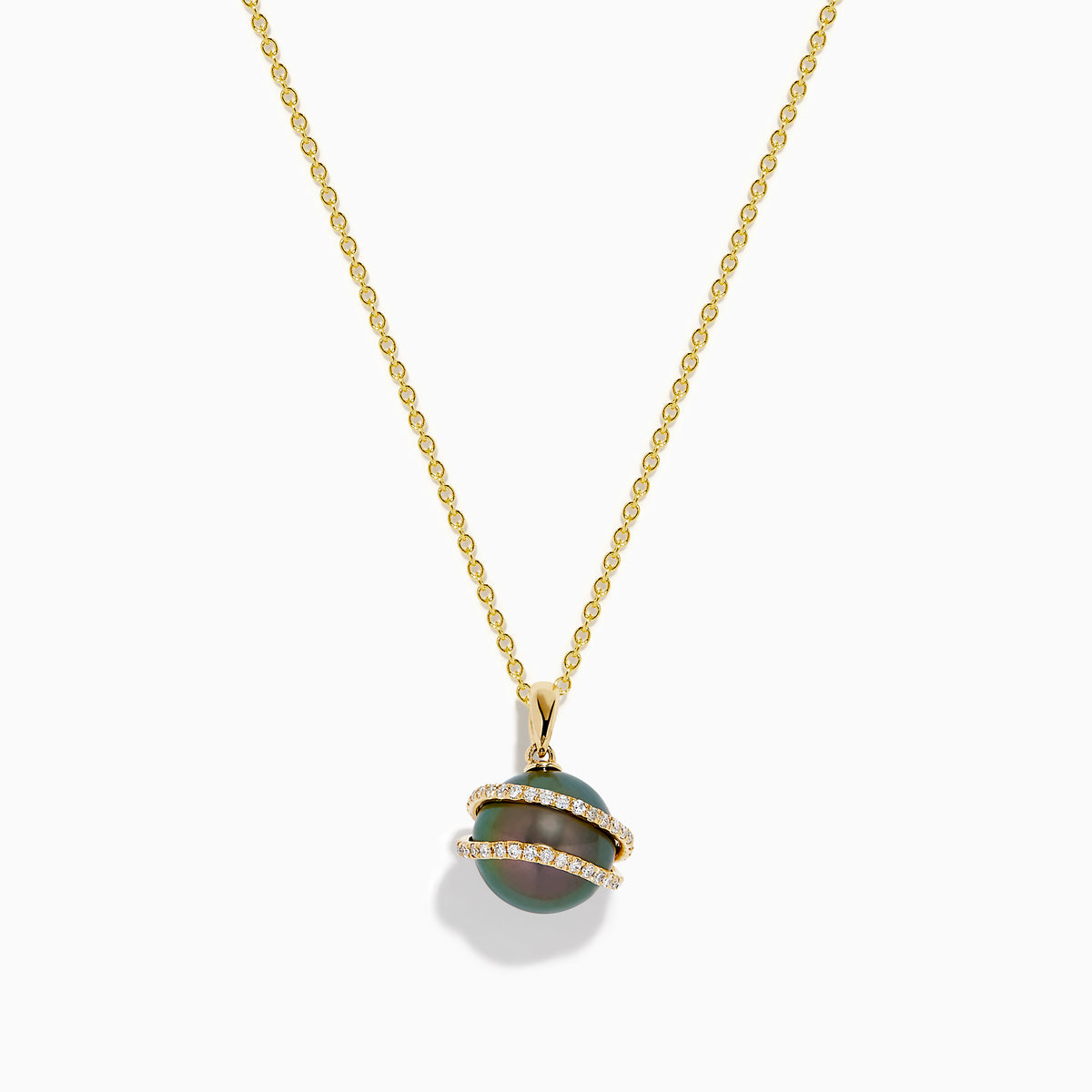 The 14K Yellow Gold Black Tahitian Pearl and Diamond Pendant features a spherical black pearl encircled by two diagonal gold bands set with small diamonds, shown against a white background.