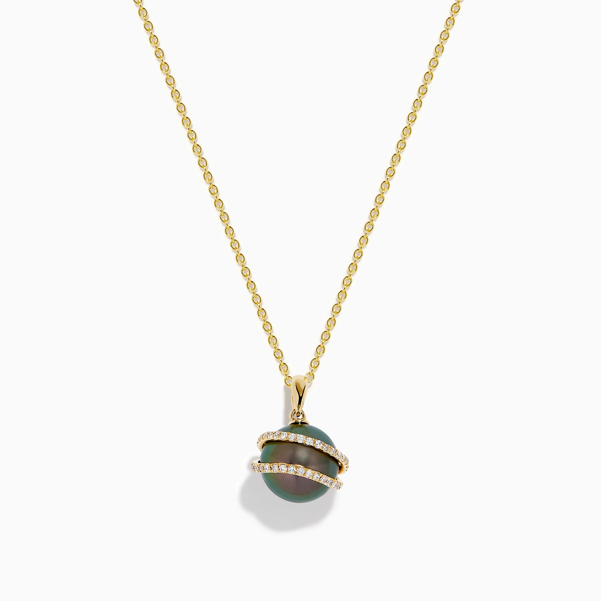 The 14K Yellow Gold Black Tahitian Pearl and Diamond Pendant features a spherical black pearl encircled by two diagonal gold bands set with small diamonds, shown against a white background.