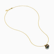The 14K Yellow Gold Black Tahitian Pearl and Diamond Pendant features a spherical black pearl encircled by two diagonal gold bands set with small diamonds, shown against a white background.