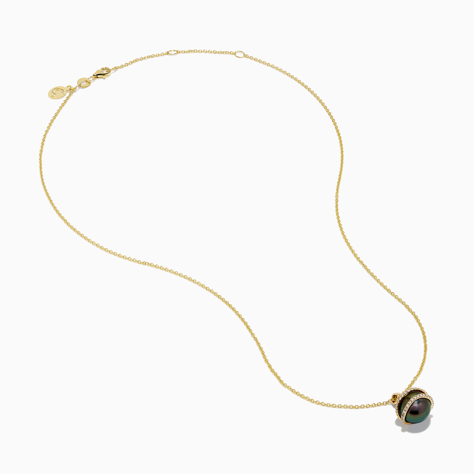 The 14K Yellow Gold Black Tahitian Pearl and Diamond Pendant features a spherical black pearl encircled by two diagonal gold bands set with small diamonds, shown against a white background.