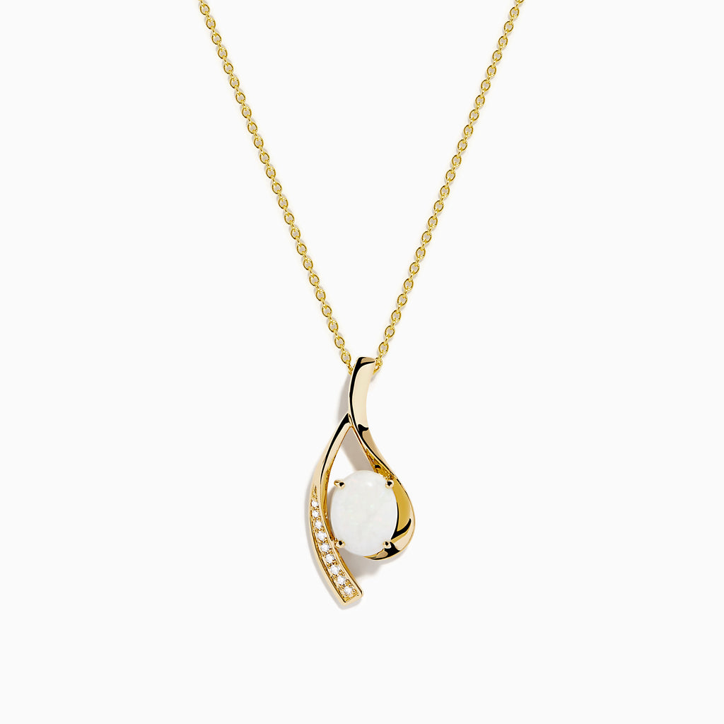 The Aurora 14K Yellow Gold Opal and Diamond Pendant showcases a delicate gold chain with an opal center and curved gold design, accented by a line of sparkling diamonds.