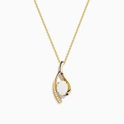 The Aurora 14K Yellow Gold Opal and Diamond Pendant showcases a delicate gold chain with an opal center and curved gold design, accented by a line of sparkling diamonds.