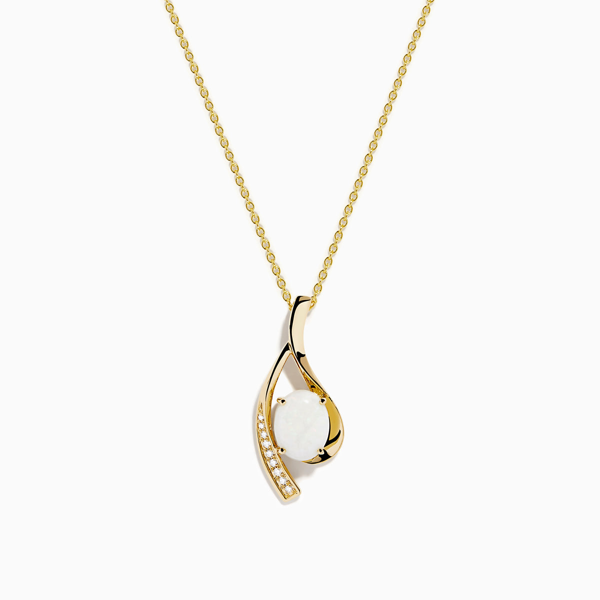 The Aurora 14K Yellow Gold Opal and Diamond Pendant showcases a delicate gold chain with an opal center and curved gold design, accented by a line of sparkling diamonds.