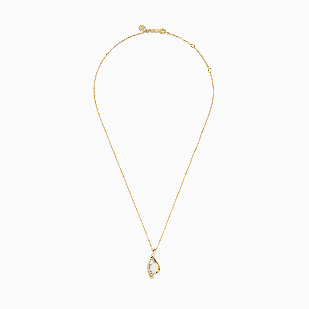 The Aurora 14K Yellow Gold Opal and Diamond Pendant showcases a delicate gold chain with an opal center and curved gold design, accented by a line of sparkling diamonds.