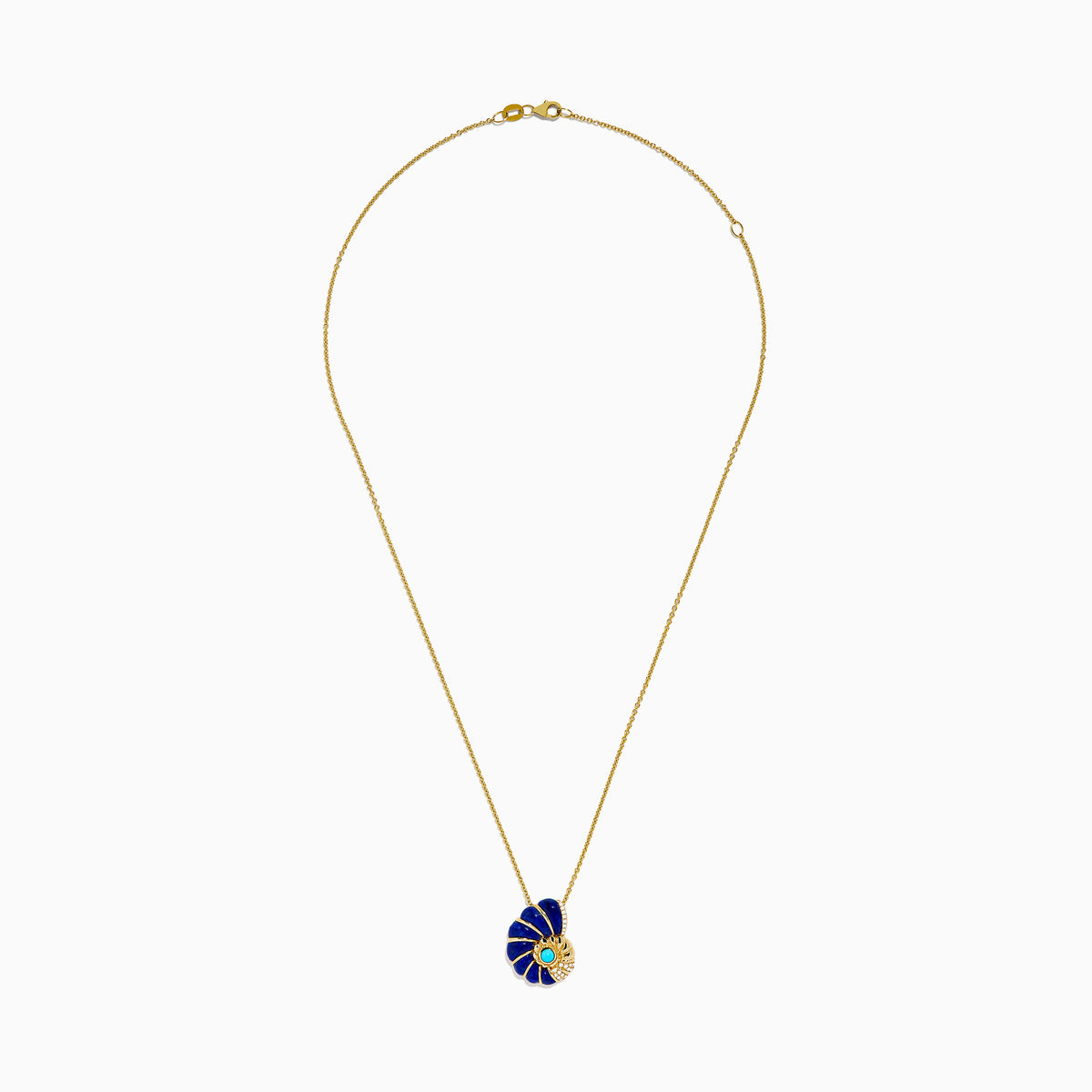 The Seaside 14K Gold Lapis Lazuli, Turquoise, and Diamond Nautilus Shell Pendant features a gold chain necklace with blue lapis sections, a turquoise center, and sparkling diamond accents.