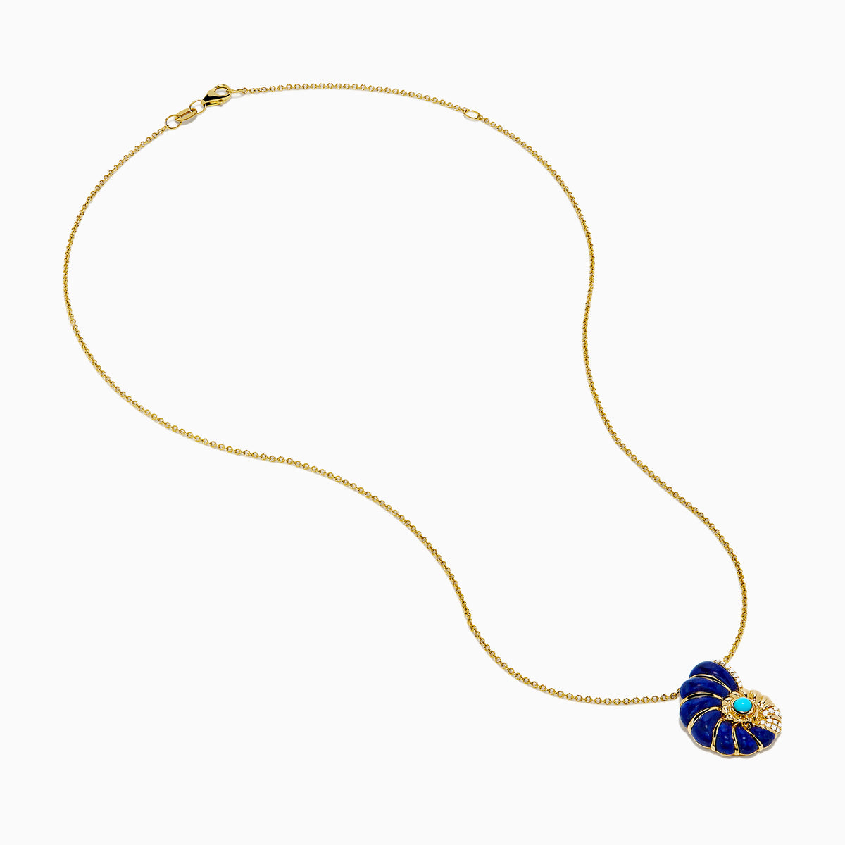 The Seaside 14K Gold Lapis Lazuli, Turquoise, and Diamond Nautilus Shell Pendant features a gold chain necklace with blue lapis sections, a turquoise center, and sparkling diamond accents.