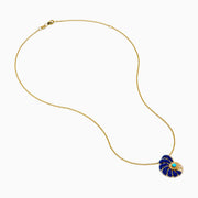 The Seaside 14K Gold Lapis Lazuli, Turquoise, and Diamond Nautilus Shell Pendant features a gold chain necklace with blue lapis sections, a turquoise center, and sparkling diamond accents.