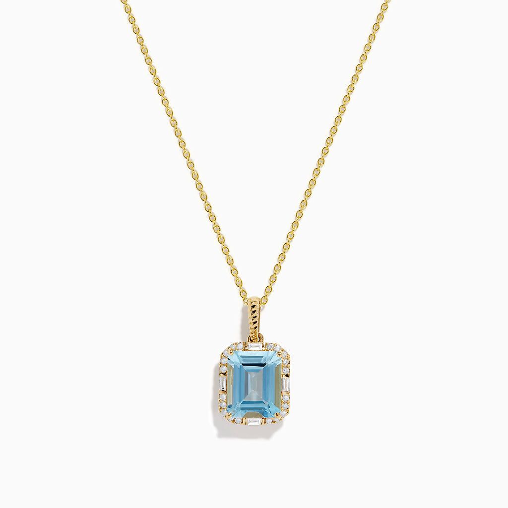 The Aquarius 14K Yellow Gold Aquamarine and Diamond Pendant features a rectangular aquamarine bordered by sparkling diamonds in a gold frame, shown on a white background.