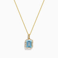 The Aquarius 14K Yellow Gold Aquamarine and Diamond Pendant features a rectangular aquamarine bordered by sparkling diamonds in a gold frame, shown on a white background.