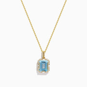 The Aquarius 14K Yellow Gold Aquamarine and Diamond Pendant features a rectangular aquamarine bordered by sparkling diamonds in a gold frame, shown on a white background.