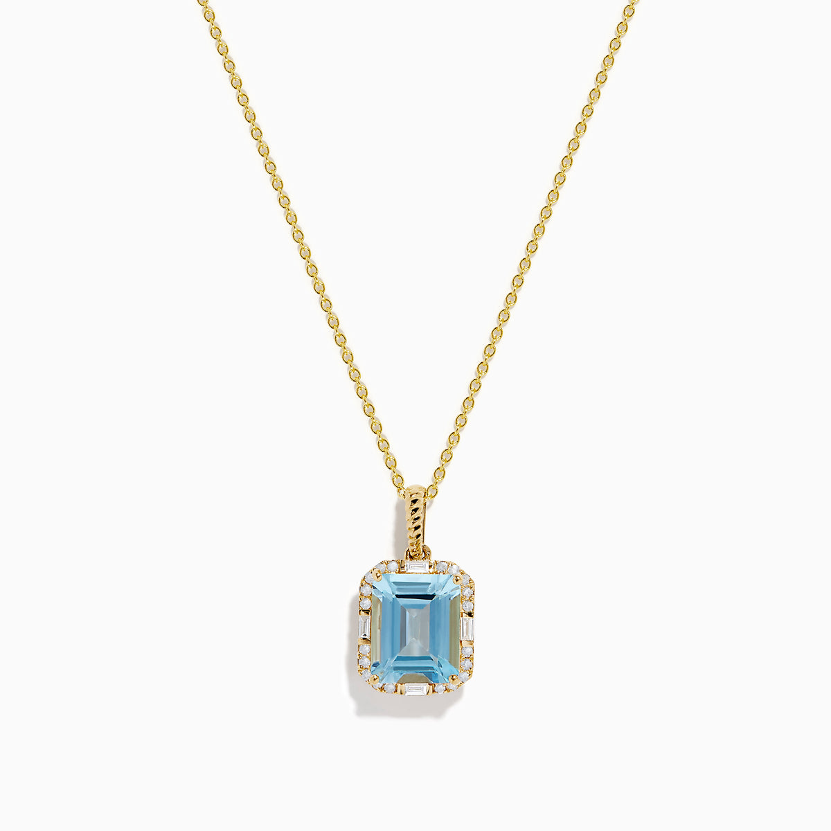The Aquarius 14K Yellow Gold Aquamarine and Diamond Pendant features a rectangular aquamarine bordered by sparkling diamonds in a gold frame, shown on a white background.