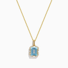 The Aquarius 14K Yellow Gold Aquamarine and Diamond Pendant features a rectangular aquamarine bordered by sparkling diamonds in a gold frame, shown on a white background.