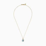The Aquarius 14K Yellow Gold Aquamarine and Diamond Pendant features a rectangular aquamarine bordered by sparkling diamonds in a gold frame, shown on a white background.