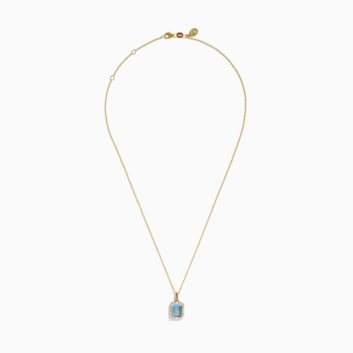 The Aquarius 14K Yellow Gold Aquamarine and Diamond Pendant features a rectangular aquamarine bordered by sparkling diamonds in a gold frame, shown on a white background.