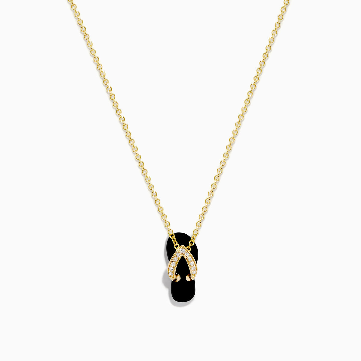 A delicate 14K yellow gold necklace features a flip flop pendant accented with onyx and diamonds, displayed against a white background.