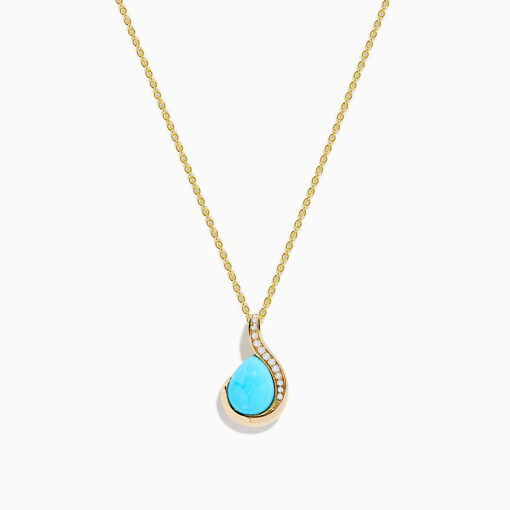 The 14K Yellow Gold Turquoise and Diamond Pendant features a teardrop turquoise accented with a curved row of small diamonds, displayed on a white background.