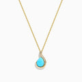 The 14K Yellow Gold Turquoise and Diamond Pendant features a teardrop turquoise accented with a curved row of small diamonds, displayed on a white background.