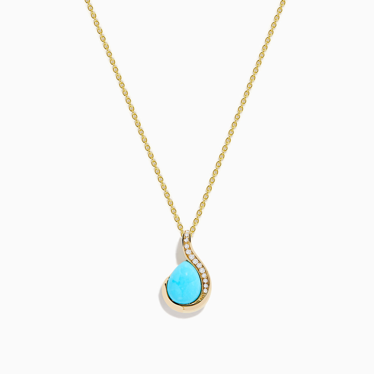 The 14K Yellow Gold Turquoise and Diamond Pendant features a teardrop turquoise accented with a curved row of small diamonds, displayed on a white background.