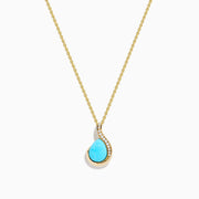The 14K Yellow Gold Turquoise and Diamond Pendant features a teardrop turquoise accented with a curved row of small diamonds, displayed on a white background.