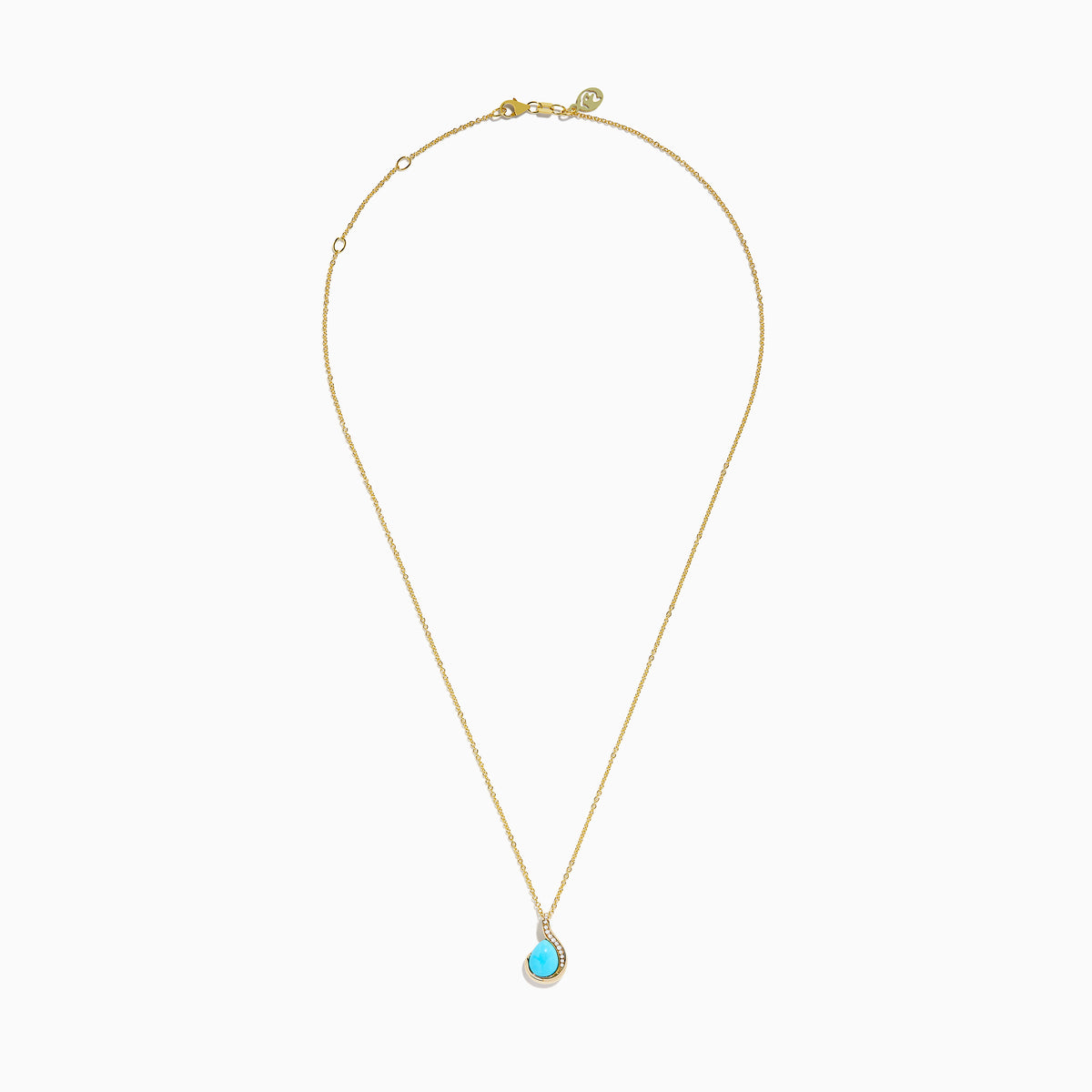 The 14K Yellow Gold Turquoise and Diamond Pendant features a teardrop turquoise accented with a curved row of small diamonds, displayed on a white background.