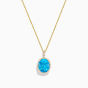 The Ocean Bleu 14K Yellow Gold Blue Topaz and Diamond Pendant features an oval blue topaz surrounded by sparkling diamonds on a gold chain, displayed against a white background.