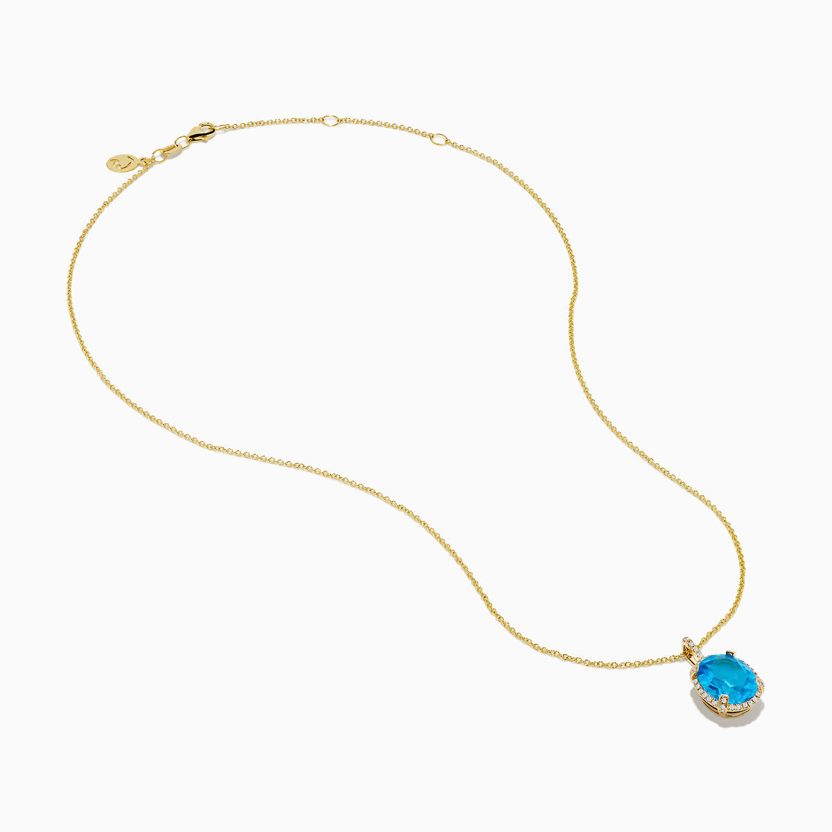 The Ocean Bleu 14K Yellow Gold Blue Topaz and Diamond Pendant features an oval blue topaz surrounded by sparkling diamonds on a gold chain, displayed against a white background.