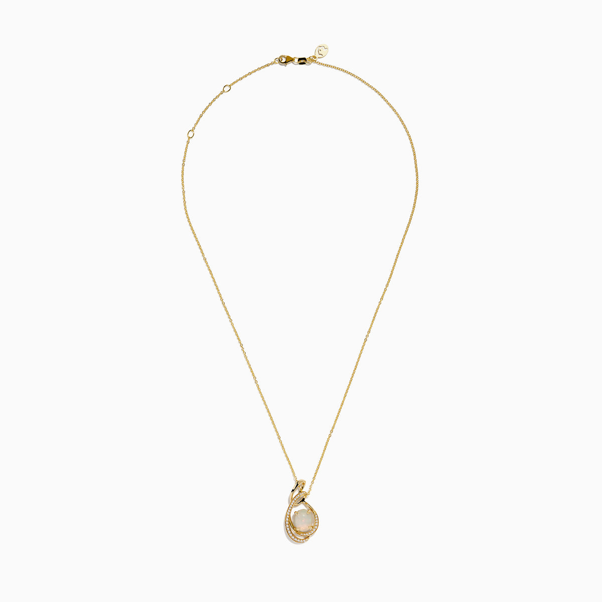 The Aurora 14K Yellow Gold Opal and Diamond Pendant features a teardrop opal encircled by sparkling diamonds on a delicate gold chain.