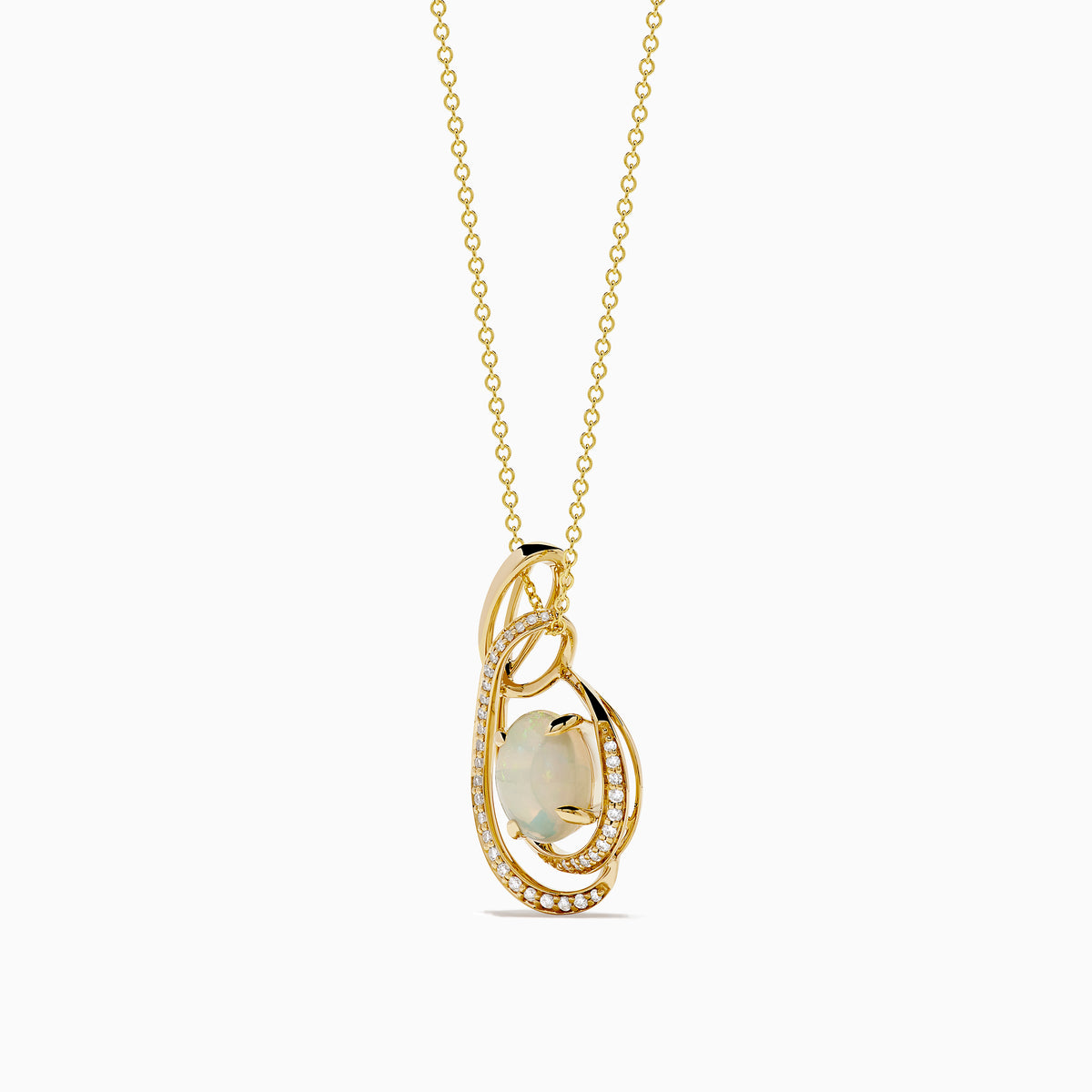 The Aurora 14K Yellow Gold Opal and Diamond Pendant features a teardrop opal encircled by sparkling diamonds on a delicate gold chain.