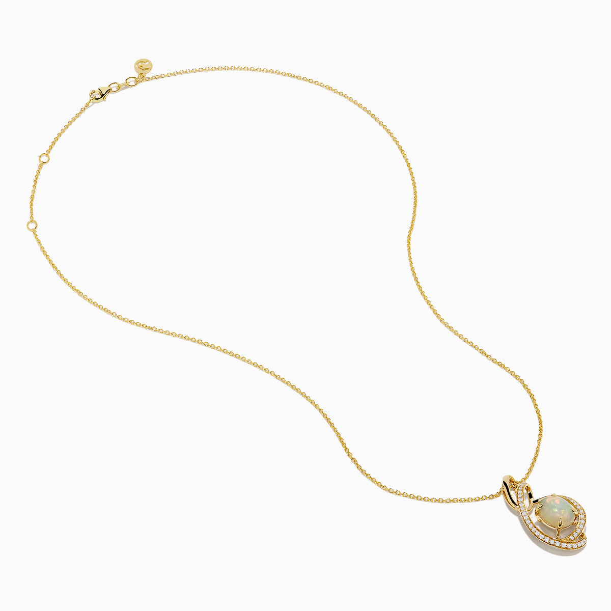 The Aurora 14K Yellow Gold Opal and Diamond Pendant features a teardrop opal encircled by sparkling diamonds on a delicate gold chain.