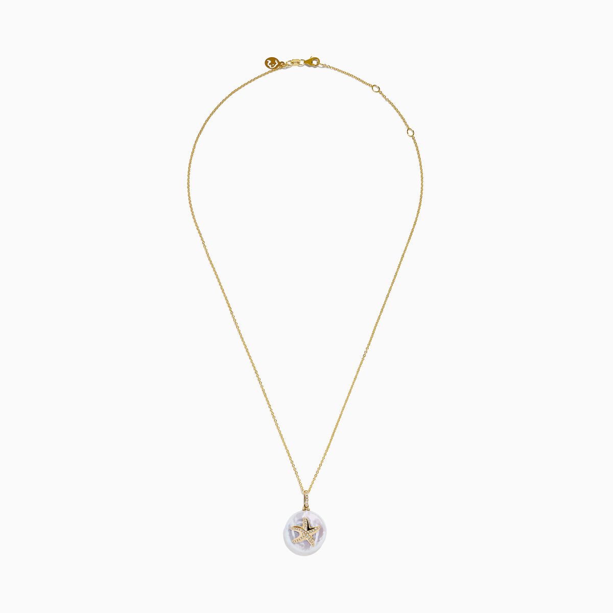 A 14K yellow gold chain necklace featuring a round freshwater pearl pendant with a diamond-adorned starfish, named the 14K Yellow Gold Fresh Water Pearl and Diamond Starfish Pendant.