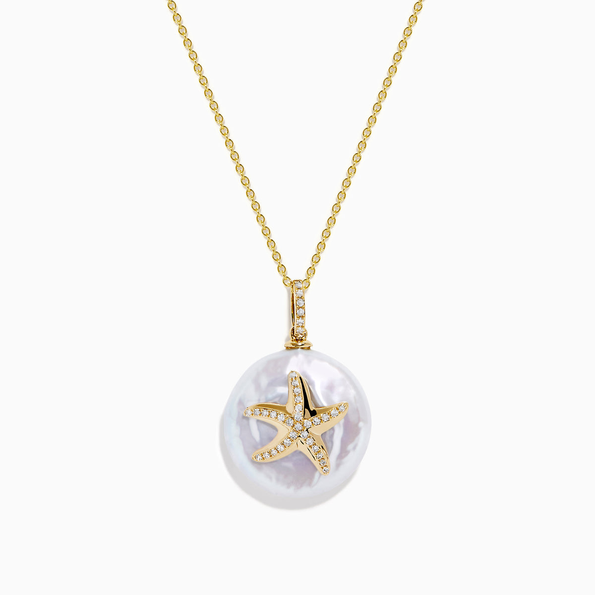 A 14K yellow gold chain necklace featuring a round freshwater pearl pendant with a diamond-adorned starfish, named the 14K Yellow Gold Fresh Water Pearl and Diamond Starfish Pendant.