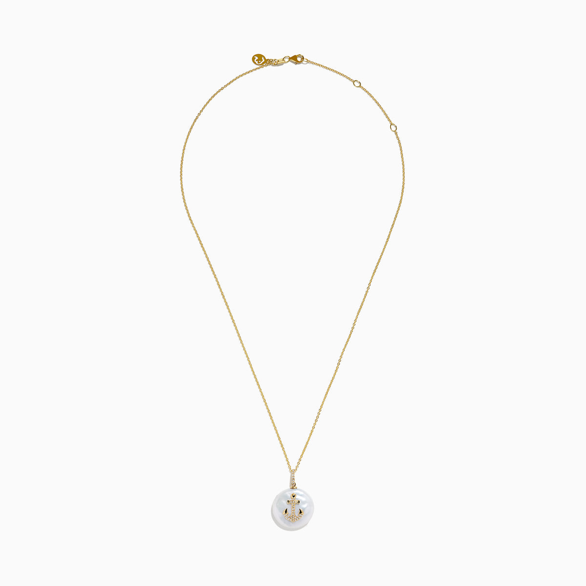 The 14K Yellow Gold Fresh Water Pearl and Diamond Anchor Pendant features a round pearl and anchor design adorned with diamonds.