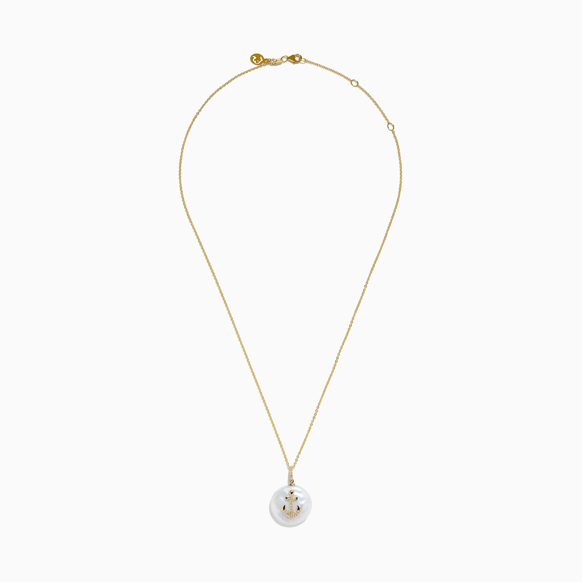 The 14K Yellow Gold Fresh Water Pearl and Diamond Anchor Pendant features a round pearl and anchor design adorned with diamonds.