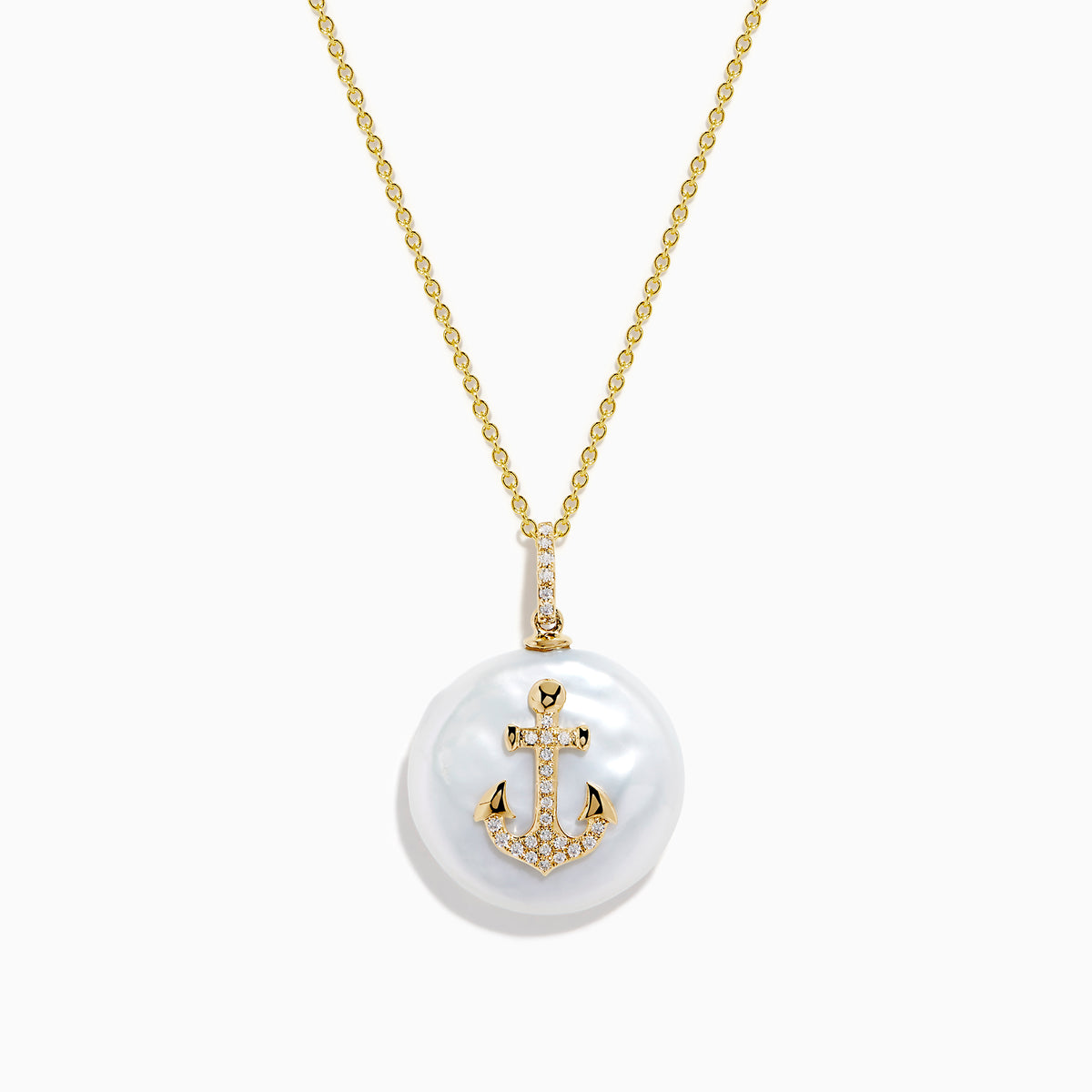 The 14K Yellow Gold Fresh Water Pearl and Diamond Anchor Pendant features a round pearl and anchor design adorned with diamonds.