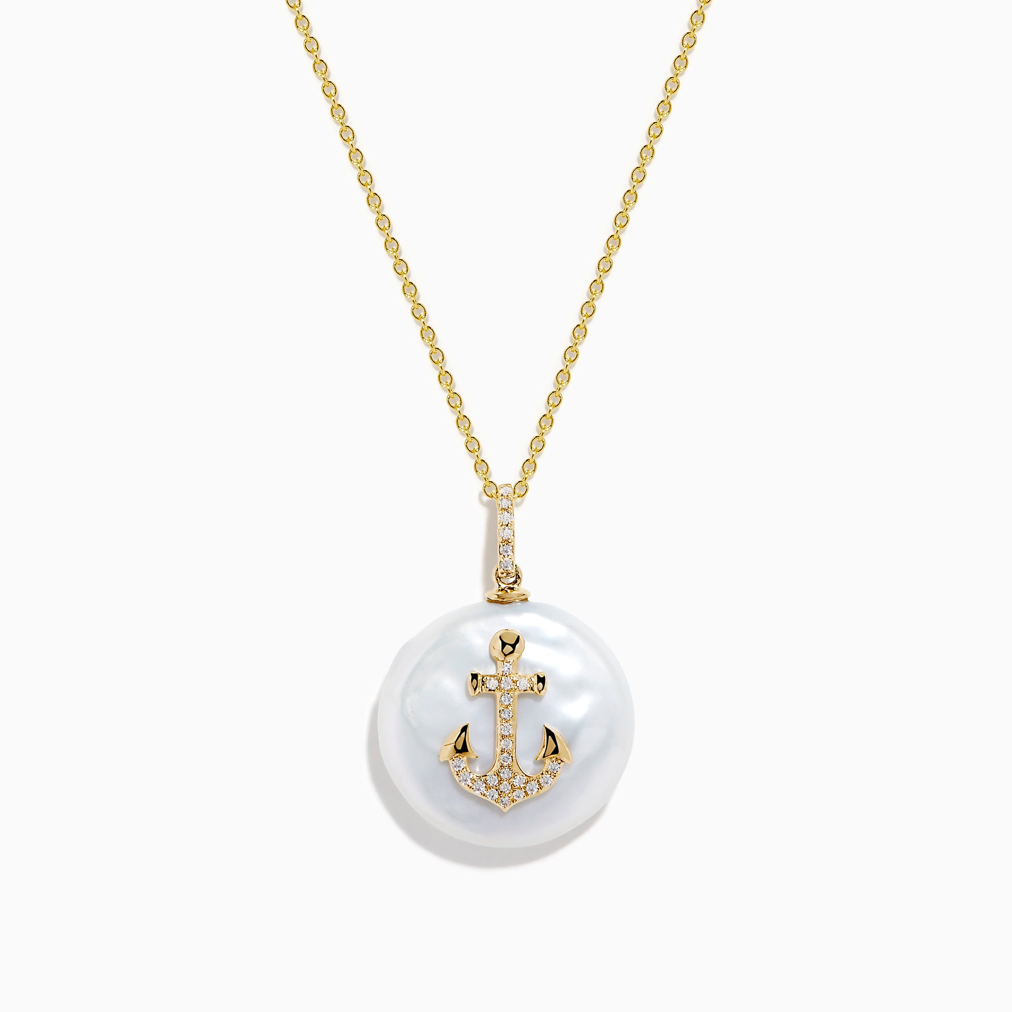 The 14K Yellow Gold Fresh Water Pearl and Diamond Anchor Pendant features a round pearl and anchor design adorned with diamonds.