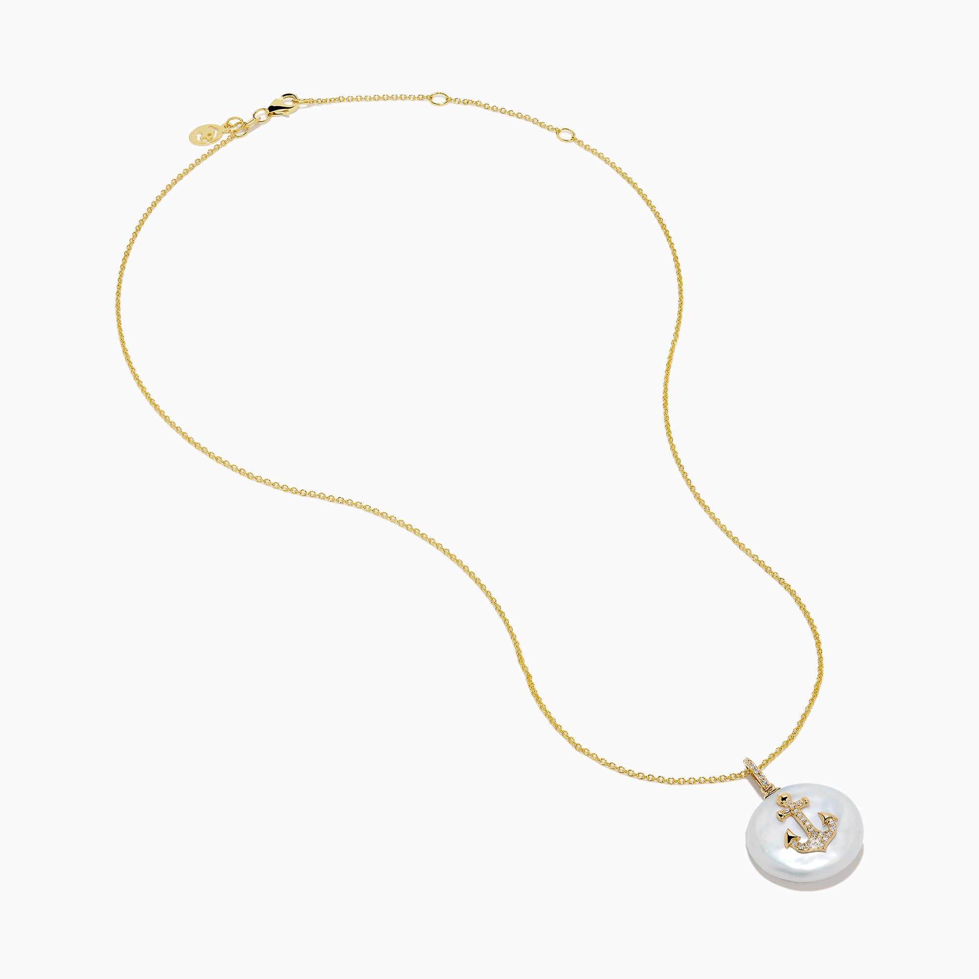 The 14K Yellow Gold Fresh Water Pearl and Diamond Anchor Pendant features a round pearl and anchor design adorned with diamonds.