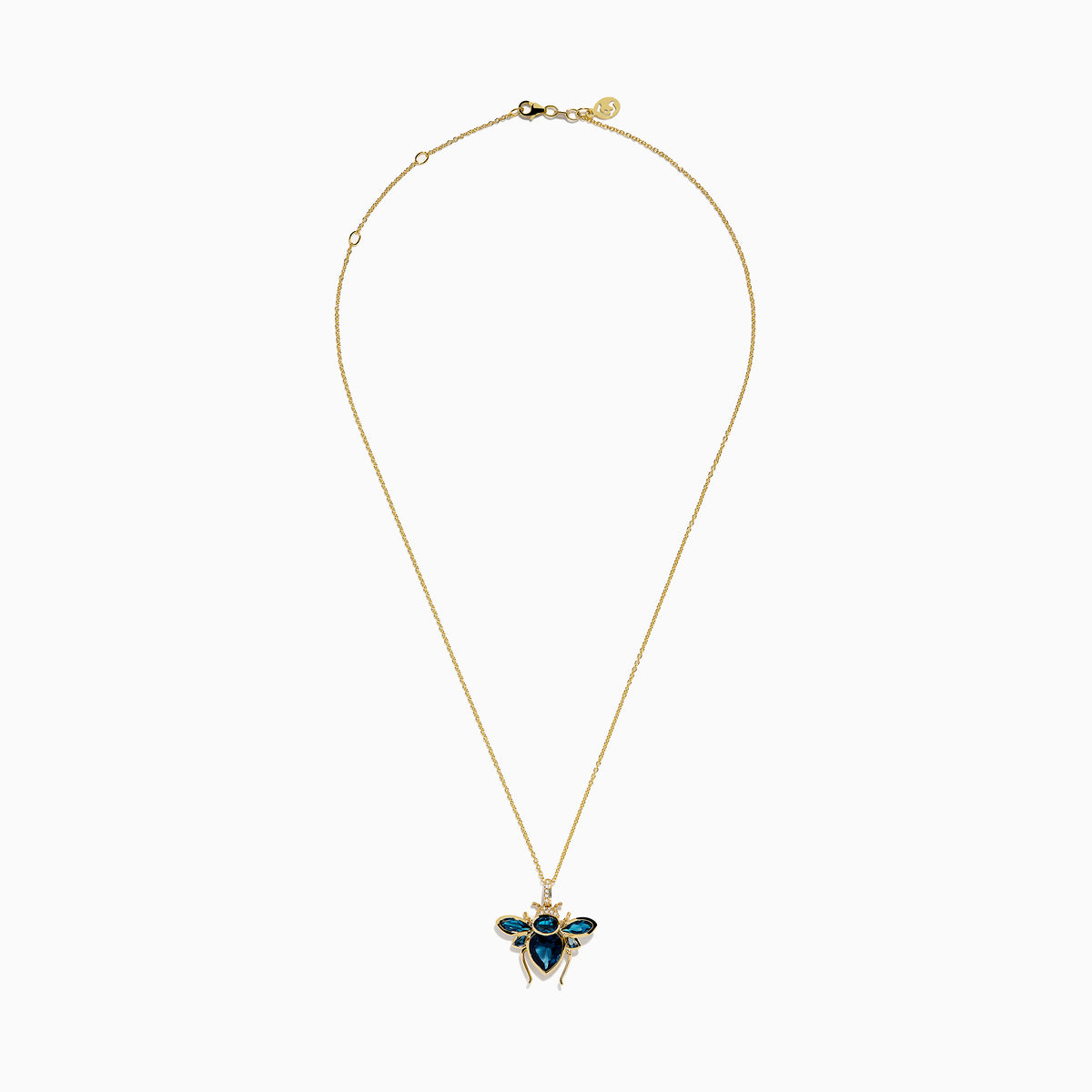 The Novelty 14K Yellow Gold Blue Topaz and Diamond Bee Pendant features a bee-shaped design with faceted blue topaz and diamond accents on its body and wings, shown against a white background.