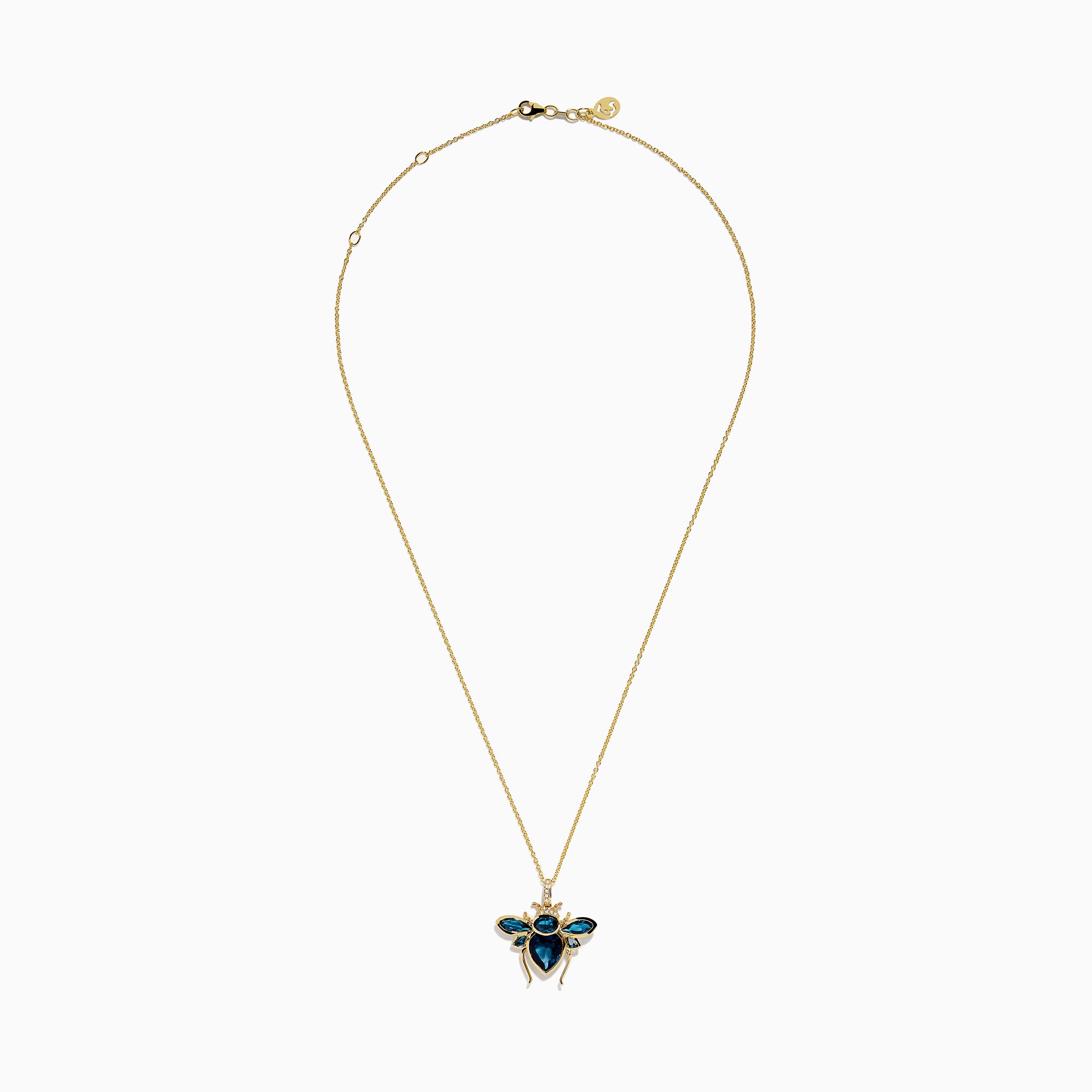 The Novelty 14K Yellow Gold Blue Topaz and Diamond Bee Pendant features a bee-shaped design with faceted blue topaz and diamond accents on its body and wings, shown against a white background.