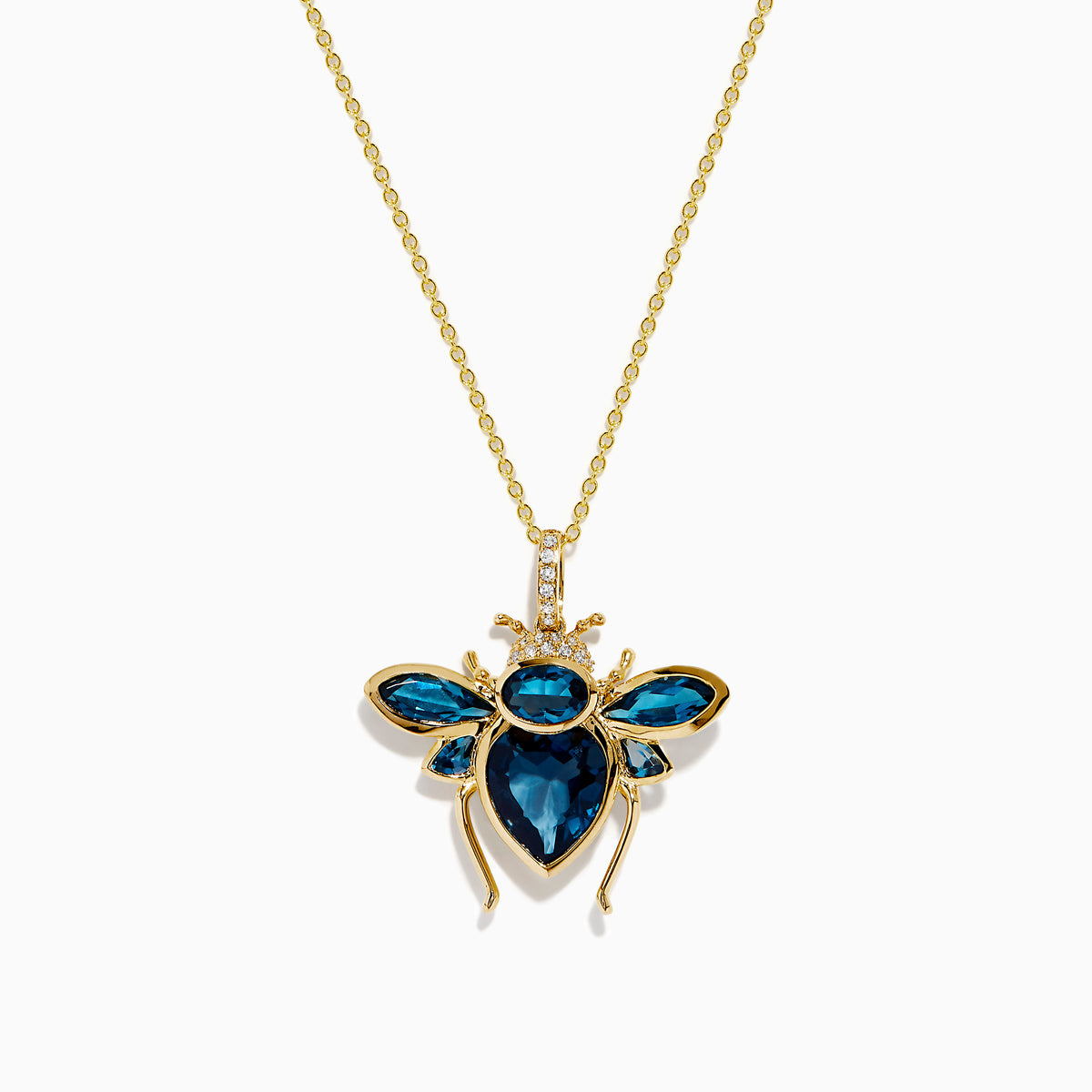 The Novelty 14K Yellow Gold Blue Topaz and Diamond Bee Pendant features a bee-shaped design with faceted blue topaz and diamond accents on its body and wings, shown against a white background.